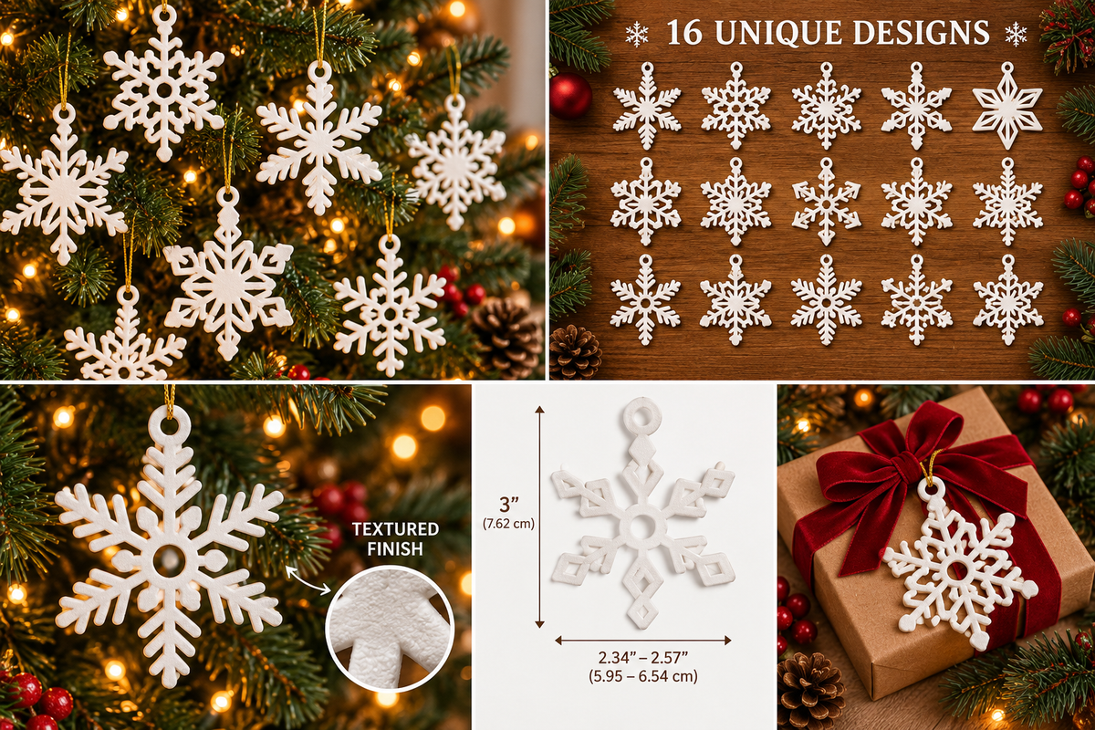 16-Piece Textured White Snowflake Christmas Ornament Set | Holiday Tree Decorations