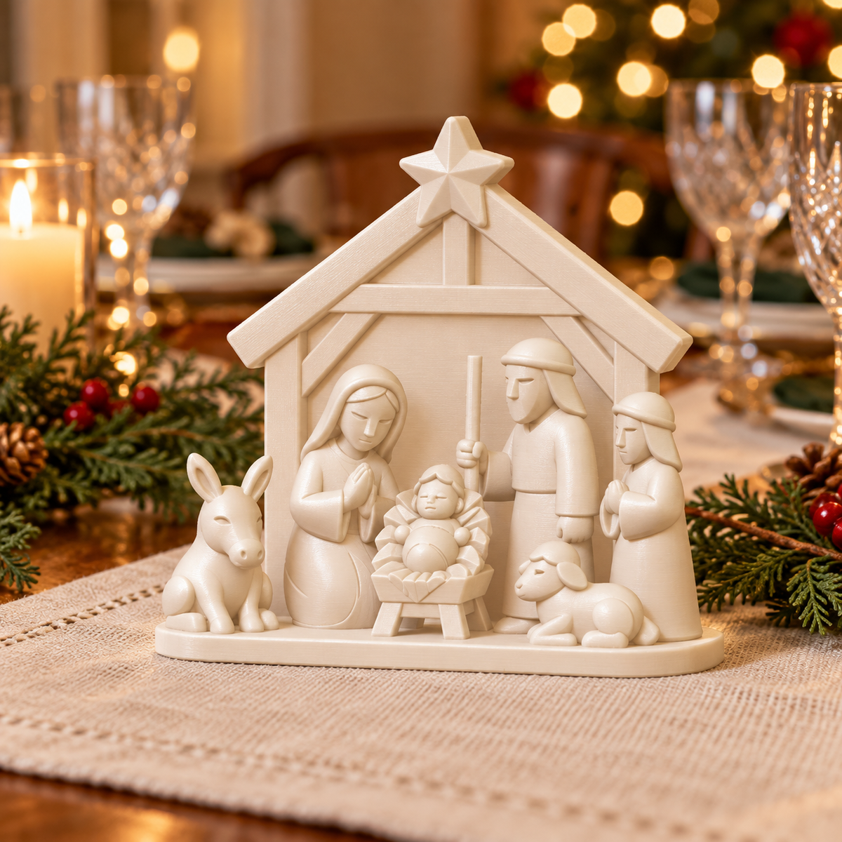 White Christmas Nativity Scene with Stable & Star | Holy Family Decor