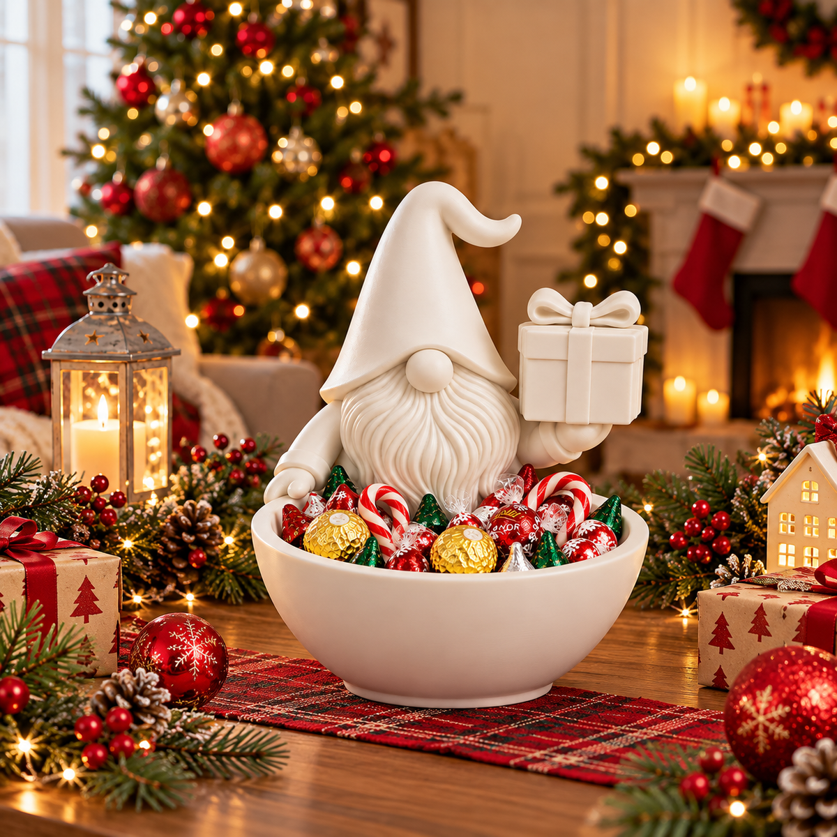 Christmas Gnome Candy Bowl with Gift – Holiday Treat Holder & Christmas Table Decor