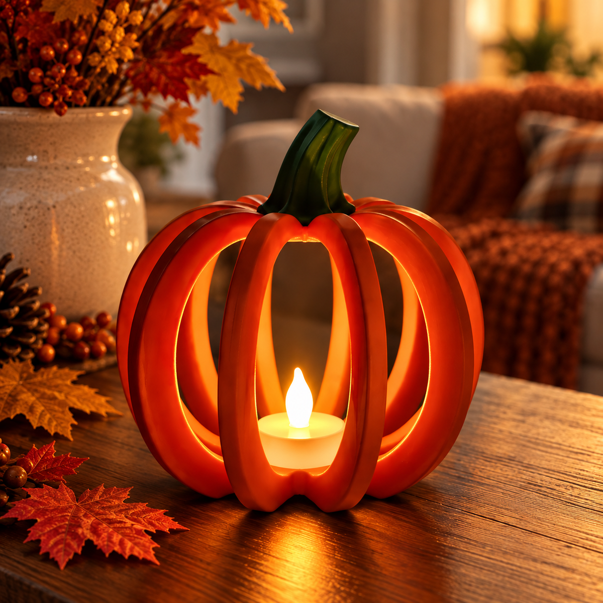 Pumpkin LED Tea Light Holder โ Fall & Halloween Decor | Single or Set of 2