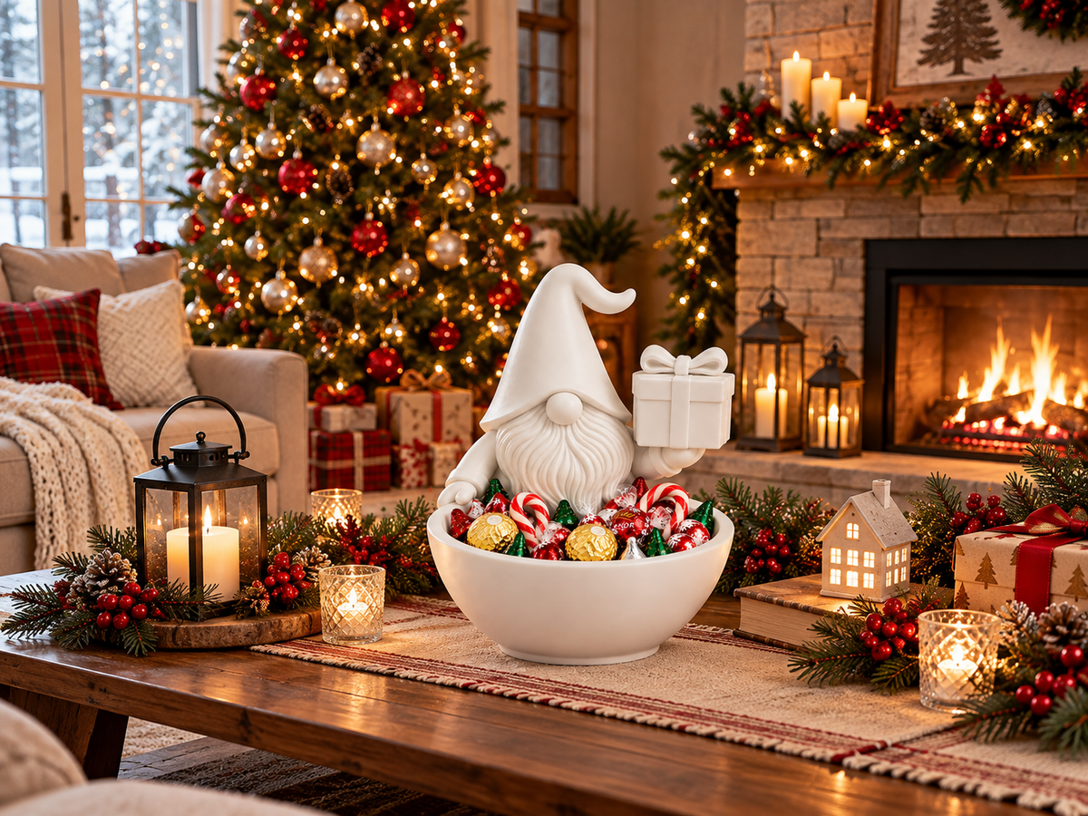 Christmas Gnome Candy Bowl with Gift – Holiday Treat Holder & Christmas Table Decor