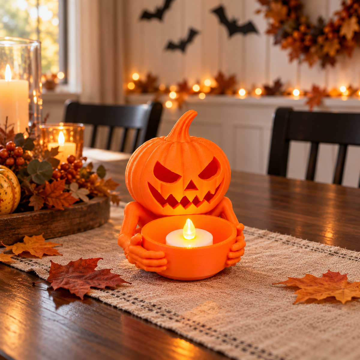Halloween Pumpkin Tea Light Holders Set of 2 | Orange & Black