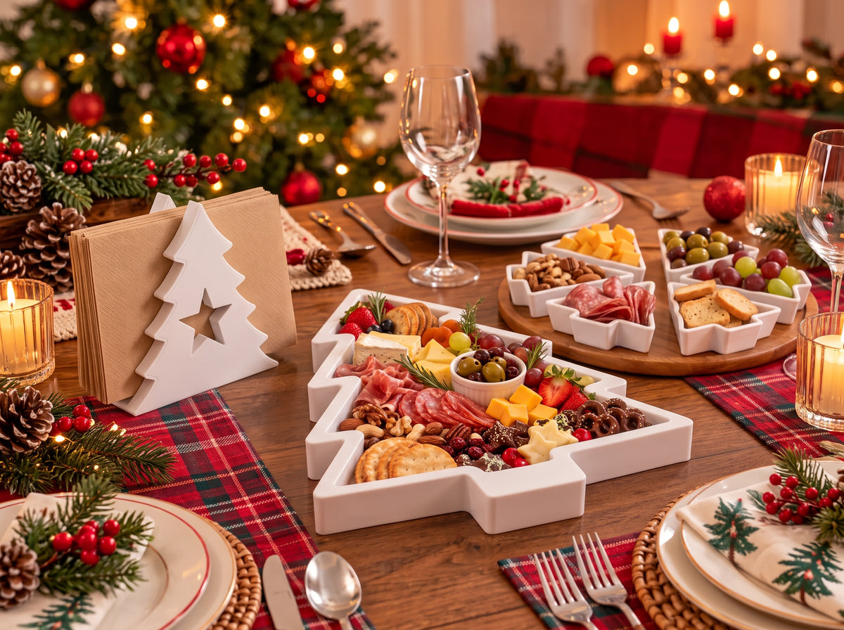 Christmas Tree Table Decor Set, Holiday Snack Trays, Napkin Holder, Charcuterie Tray (8-Piece Collection)