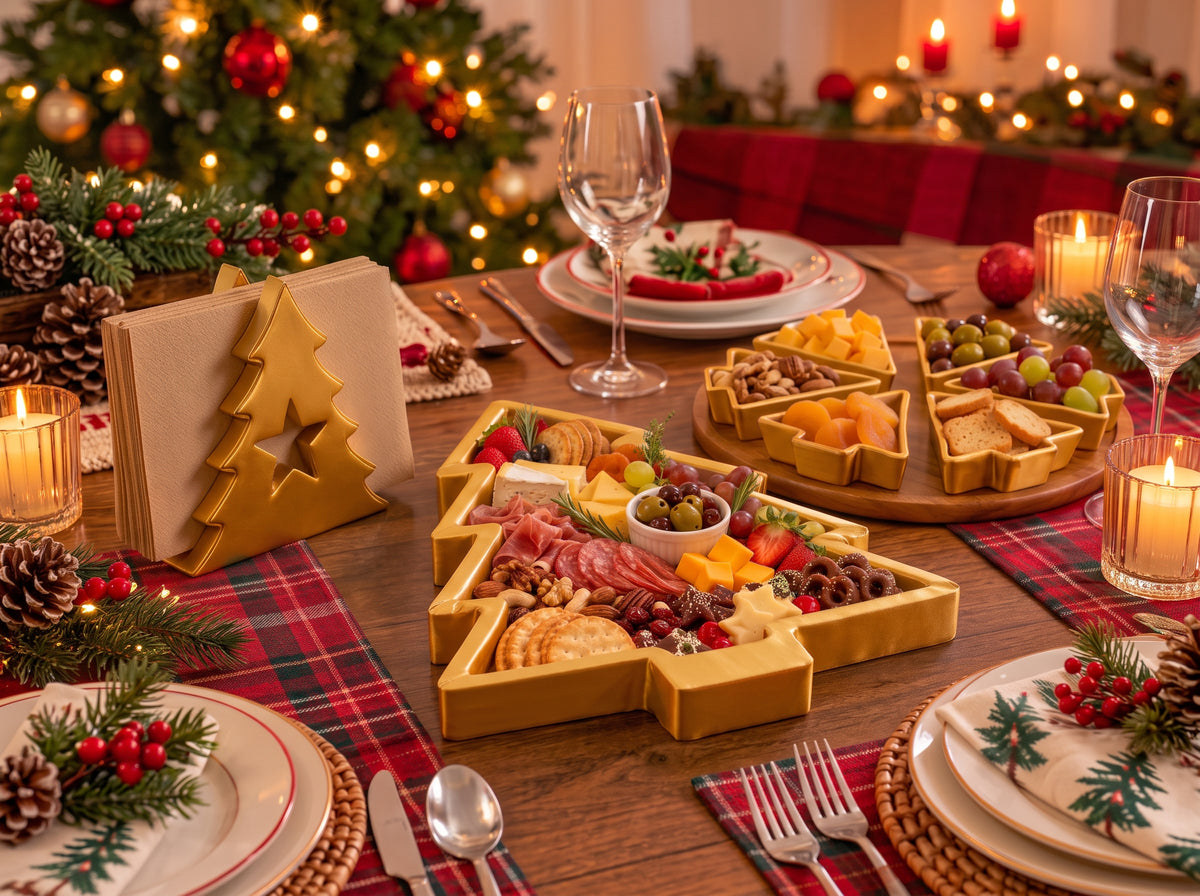 Christmas Tree Table Decor Set, Holiday Snack Trays, Napkin Holder, Charcuterie Tray (8-Piece Collection)