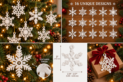 16-Piece Textured White Snowflake Christmas Ornament Set | Holiday Tree Decorations
