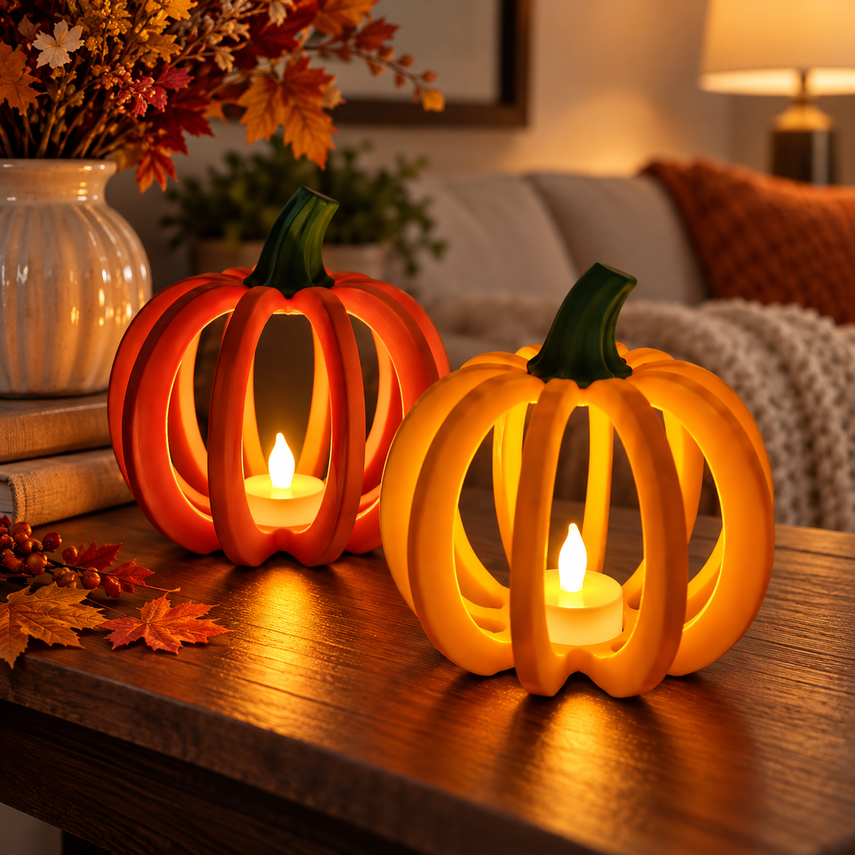 Pumpkin LED Tea Light Holder – Fall & Halloween Decor | Single or Set of 2