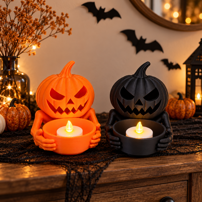 Halloween Pumpkin Tea Light Holders Set of 2 | Orange & Black