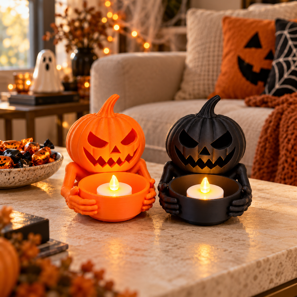 Halloween Pumpkin Tea Light Holders Set of 2 | Orange & Black