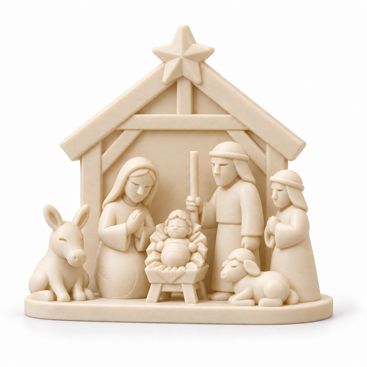 White Christmas Nativity Scene with Stable & Star | Holy Family Decor