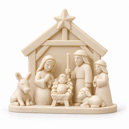White Christmas Nativity Scene with Stable & Star | Holy Family Decor