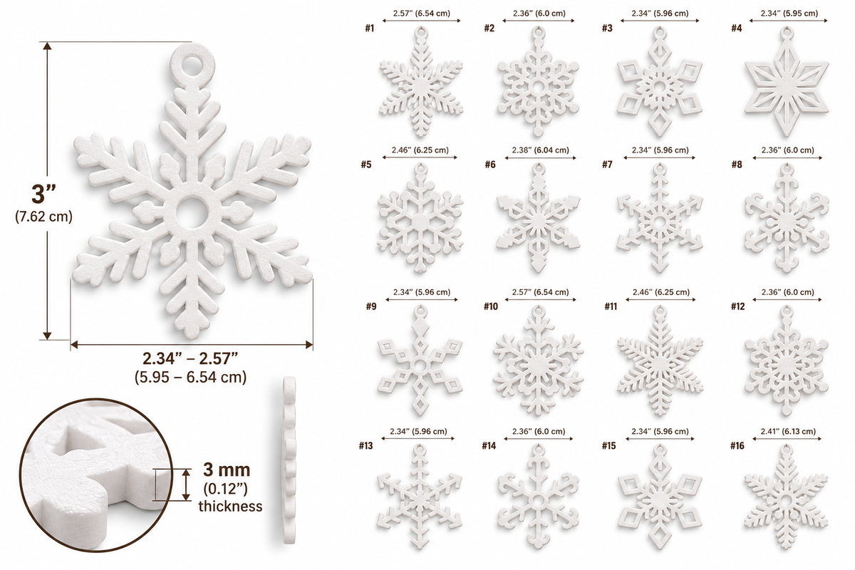 16-Piece Textured White Snowflake Christmas Ornament Set | Holiday Tree Decorations