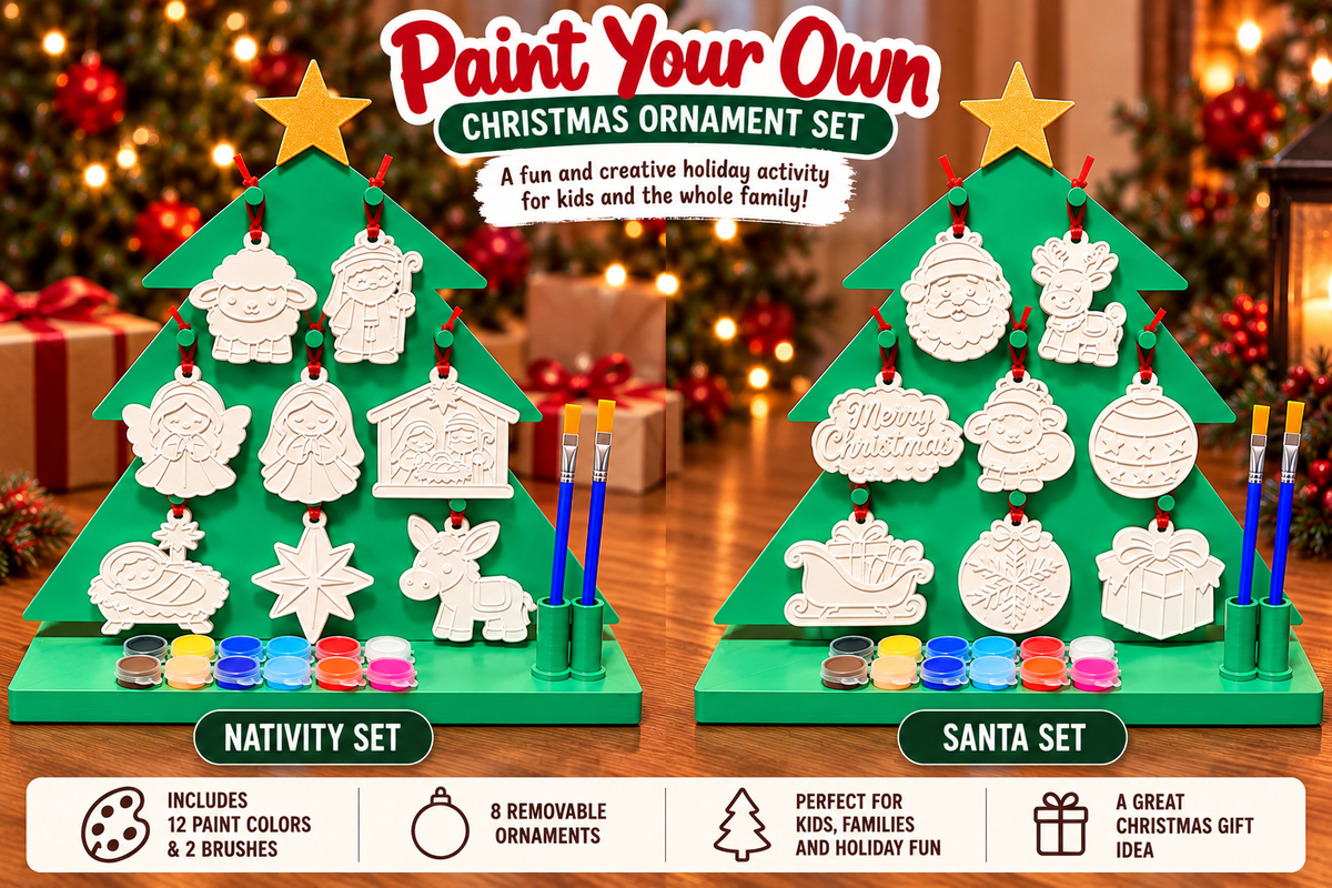 Paint Your Own Christmas Ornament Tree Kit | 8 Ornaments, 12 Paint Colors & 2 Brushes