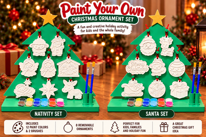 Paint Your Own Christmas Ornament Tree Kit | 8 Ornaments, 12 Paint Colors & 2 Brushes