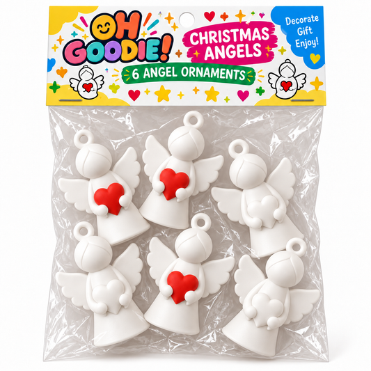 Christmas Angel Ornaments Set of 6 | White Angels with Red & White Hearts