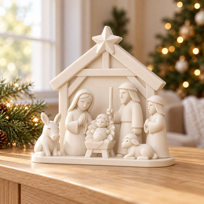 White Christmas Nativity Scene with Stable & Star | Holy Family Decor