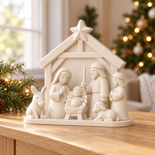 White Christmas Nativity Scene with Stable & Star | Holy Family Decor