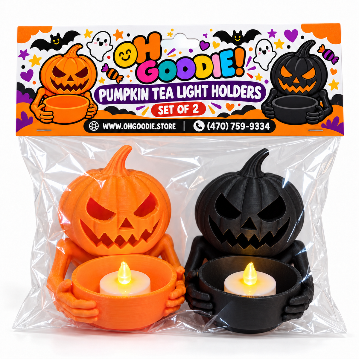 Halloween Pumpkin Tea Light Holders Set of 2 | Orange & Black