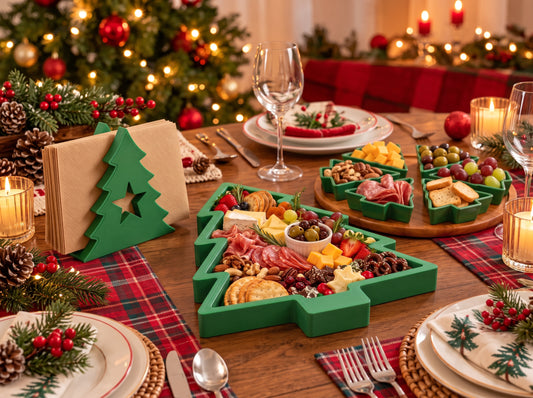 Christmas Tree Table Decor Set, Holiday Snack Trays, Napkin Holder, Charcuterie Tray (8-Piece Collection)