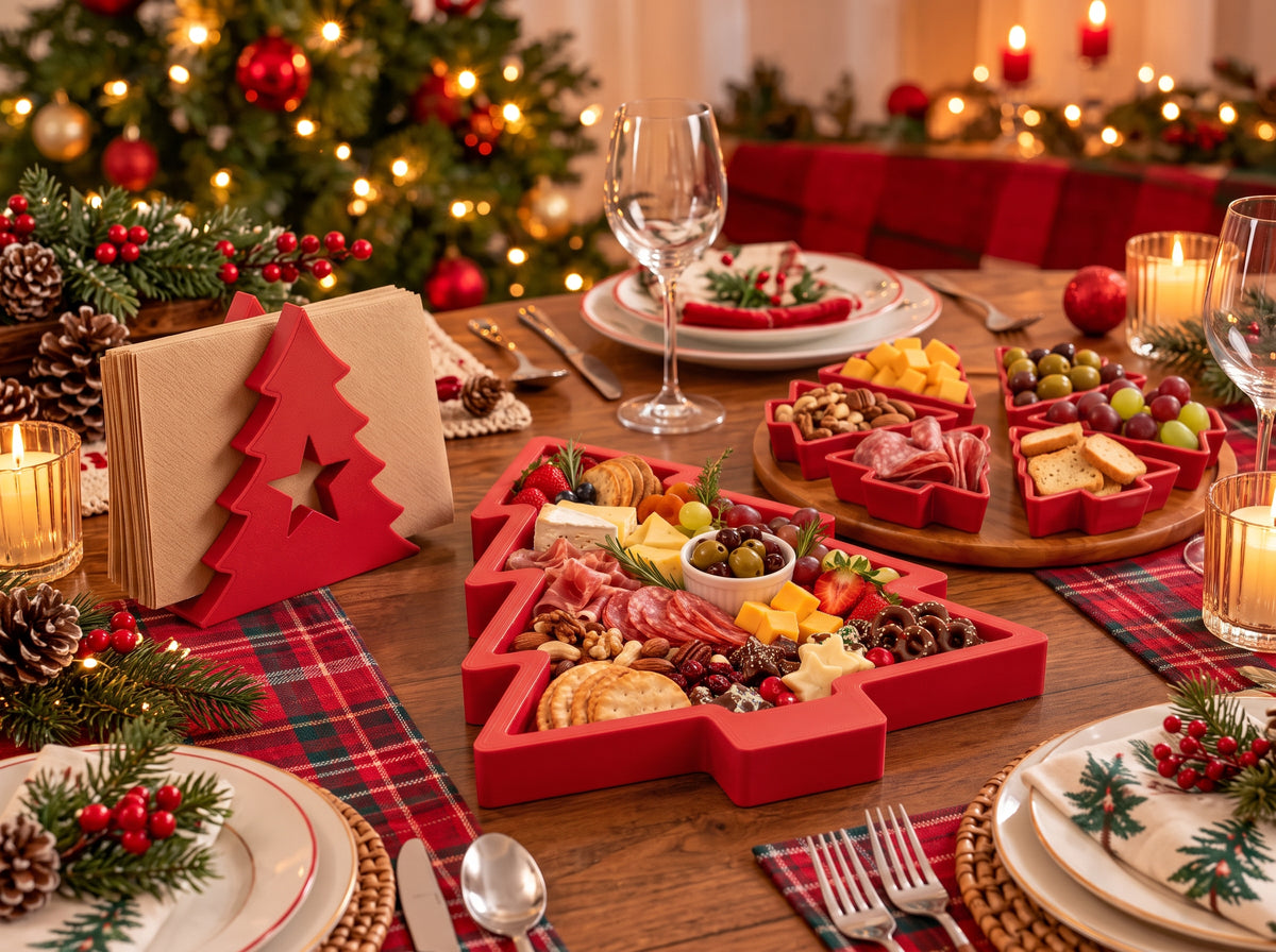 Christmas Tree Table Decor Set, Holiday Snack Trays, Napkin Holder, Charcuterie Tray (8-Piece Collection)