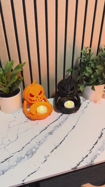 Halloween Pumpkin Tea Light Holders Set of 2 | Orange & Black